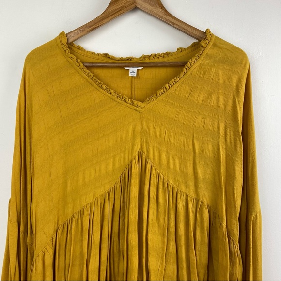 Time & Tru Ruffled Gauzy Babydoll Mustard Top Size XL Long Sleeve Boho Blouse - Picture 2 of 12